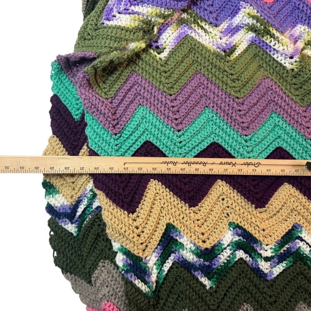 Vintage 70 Crochet Afghan Blanket Chevron Zig Zag Multicolor Handmade Boho Throw